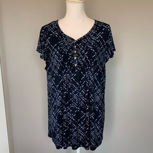 Ava & Grace Navy Blue & White Patterned Short Sleeve V-Neck Tunic
